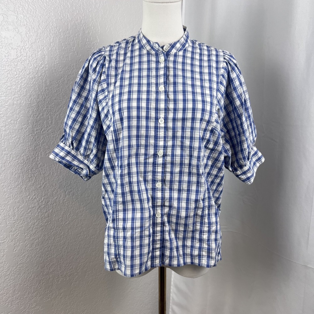 Madewell Top Womens 8 Blue Plaid Puff Sleeve Band Collar Cotton Cottagecore Prep
